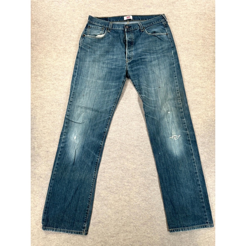 Levi's 501 Jeans Mens 36x34 Blue Denim Grunge Original Fit Straight Button Fly